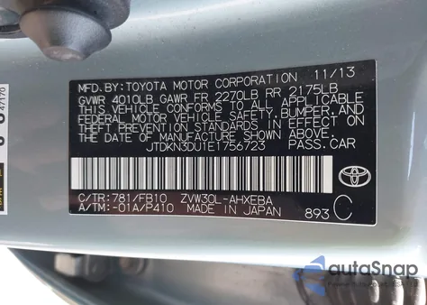 2014 Toyota Prius Two из США, поврежденный, VIN JTDKN3DU1E1756723